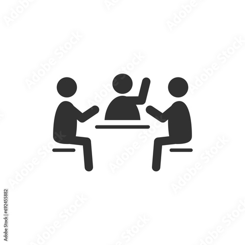 A gathering of people around a table. Negotiation, discussion. Monochrome black and white icon