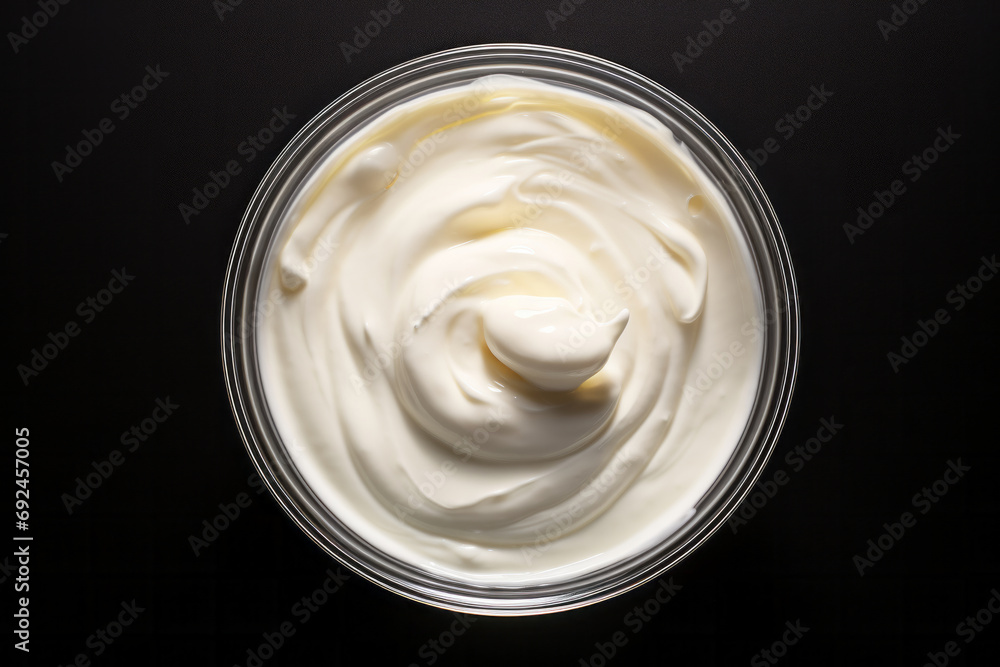 Mayonnaise in a glass bowl on a black background, top view - obrazy, fototapety, plakaty 