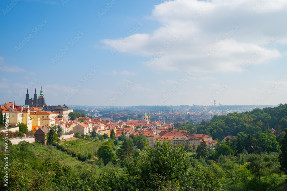Prague, Czech Republic - September 26, 2023 - View of the Prague skyline while climbing Petrin Tower.