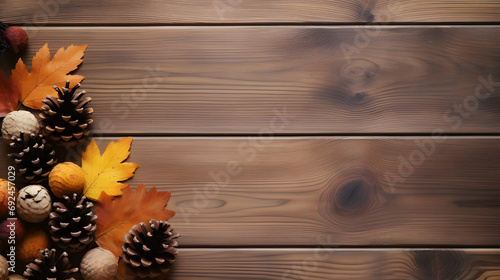 Autumn leaves wallpaper in a wooden table 