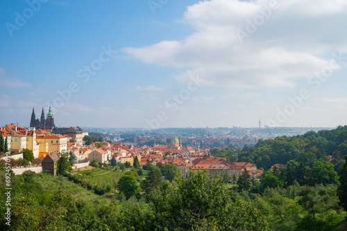 Prague, Czech Republic - September 26, 2023 - View of the Prague skyline while climbing Petrin Tower.