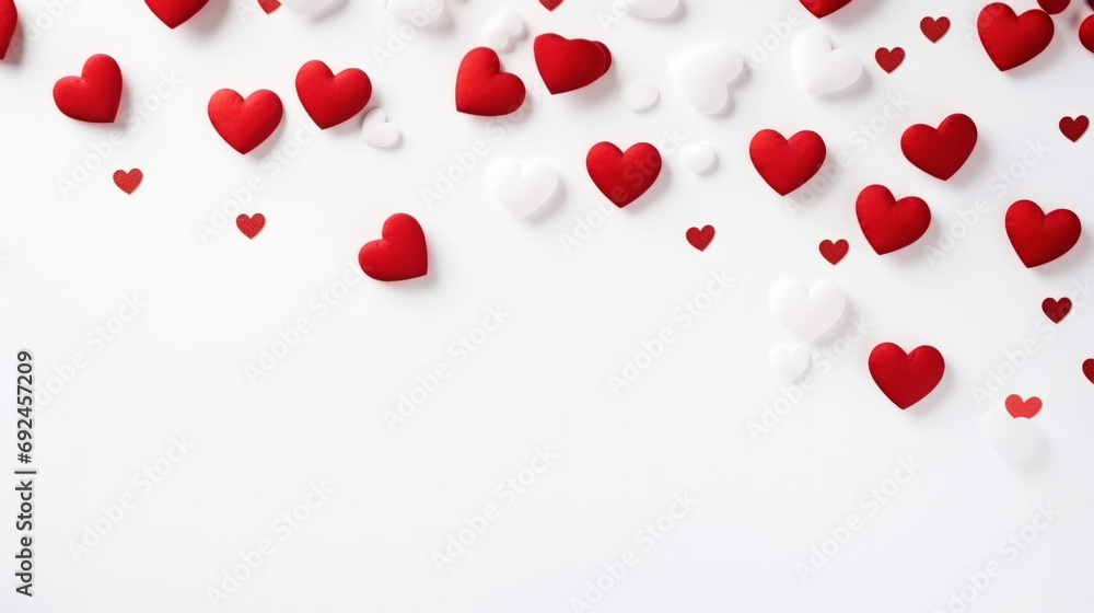 Aesthetic white and red hearts on light background. Minimalist love concept. Copy space. Generative AI