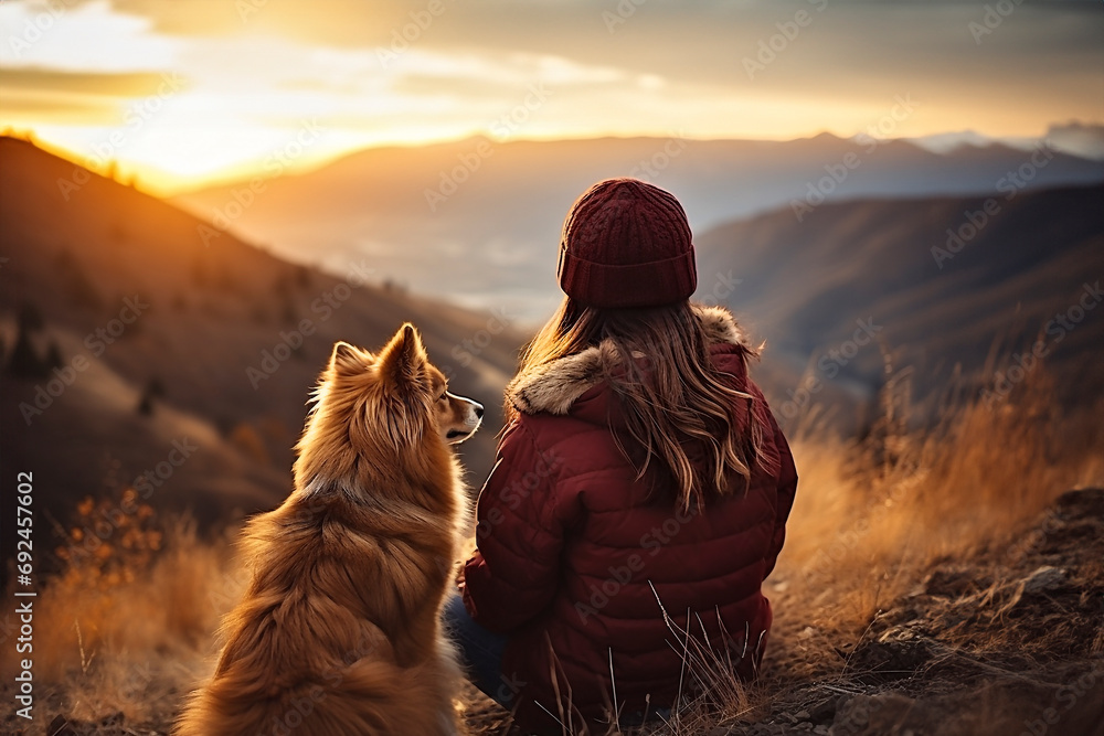 woman with border collie dog sitting on mountain top  landscape slow travel and freedom concept - obrazy, fototapety, plakaty 