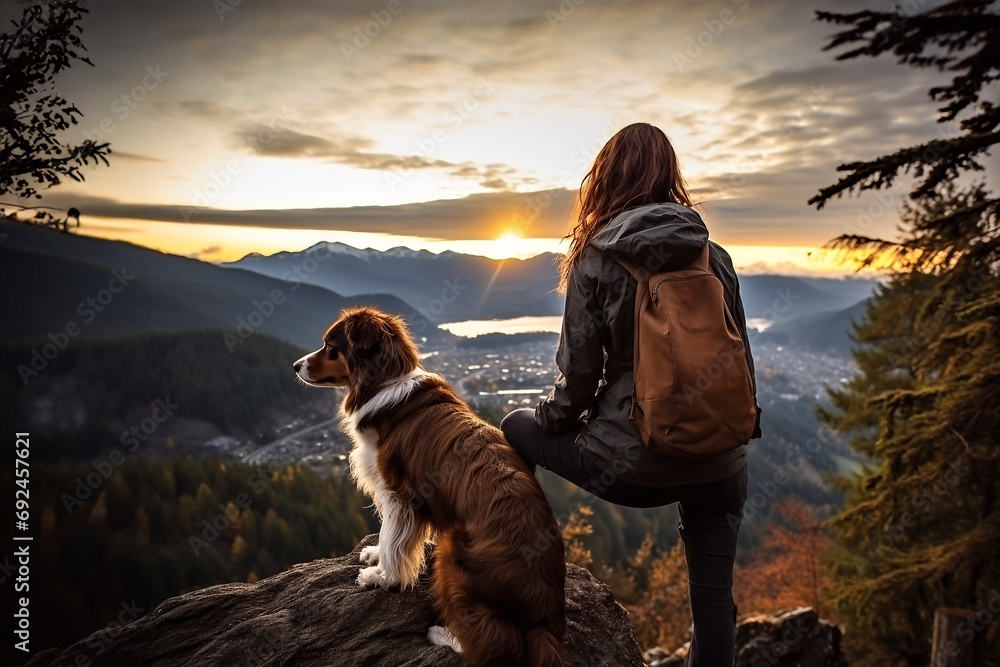  charming traveler girl and her border collie dog are enjoying the sunset in the mountains. Traveling alone
