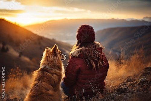 Foto woman with border collie dog sitting on mountain top  landscape slow travel and