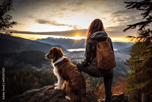 Leinwand Poster charming traveler girl and her border collie dog are enjoying the sunset in the mountains