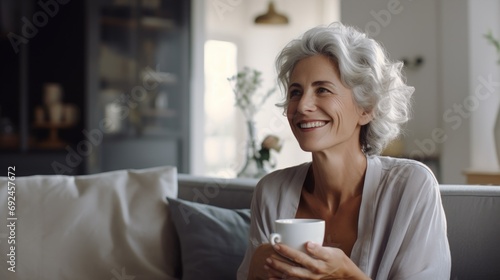 Happy beautiful relaxed mature older adult grey haired woman drinking coffee relaxing on sofa at home. Smiling stylish middle aged 60s lady enjoying resting sitting on couch in modern living room