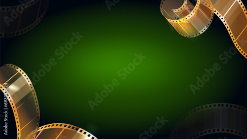 Green Cinema Background with golden film reel. Festival for poster with film strip, Movie award ceremony Banner.