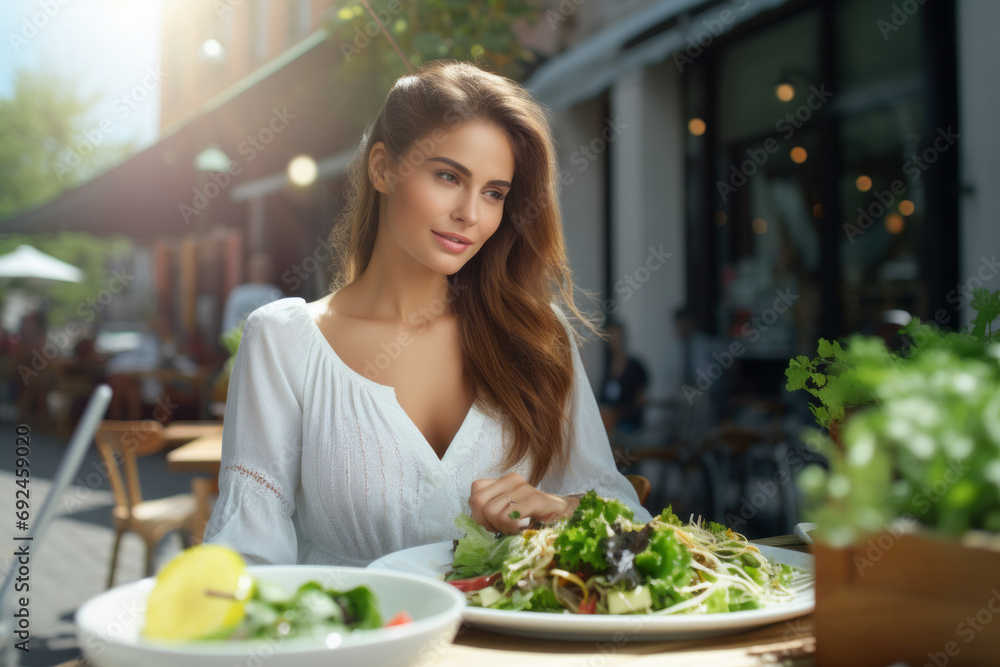 Beautiful young woman eating salad in a restaurant. Healthy food concept.