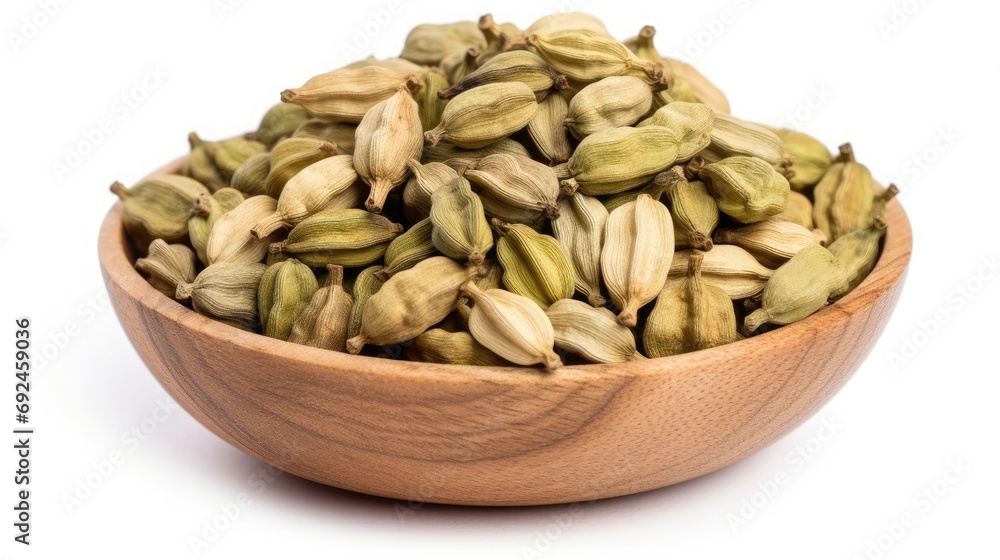cardamom pods in wooden bowl, isolated on white background cardamom pods in wooden bowl, isolated on white background