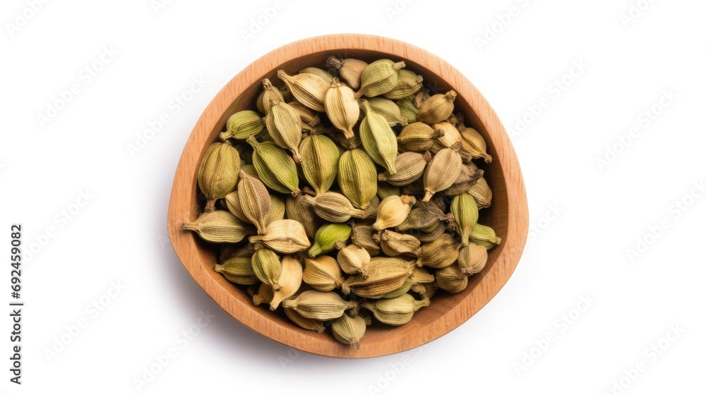 cardamom pods in wooden bowl, isolated on white background cardamom pods in wooden bowl, isolated on white background