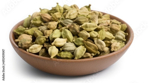 cardamom pods in wooden bowl, isolated on white background