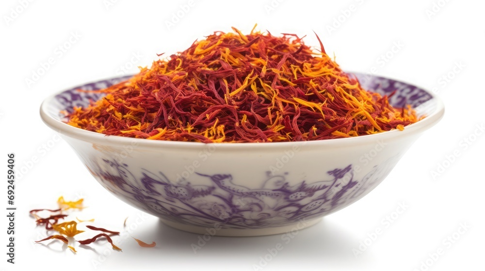 saffron in a bowl in white isolated background saffron in a bowl in white isolated background