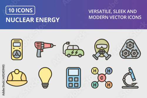 Nuclear Energy Thick Line Filled Colors Icons Set