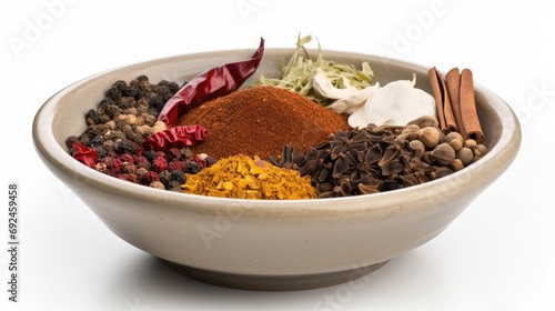 spices in a wooden bowl , white isolated background