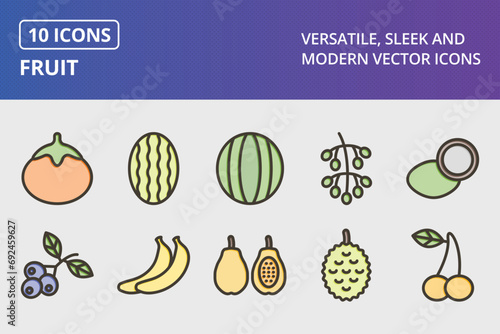 Fruit Thick Line Filled Colors Icons Set