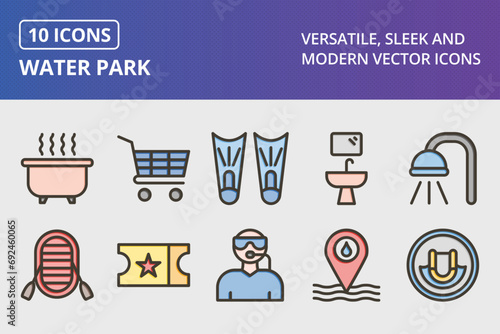 Water Park Thick Line Filled Colors Icons Set