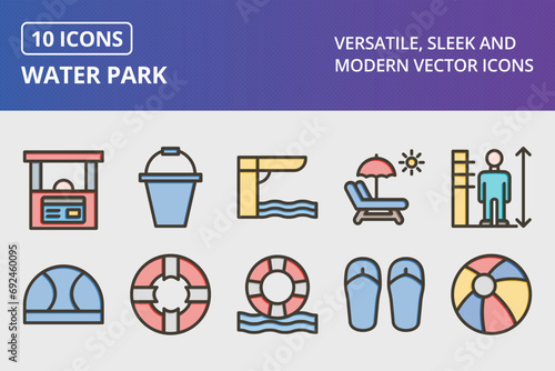 Water Park Thick Line Filled Colors Icons Set