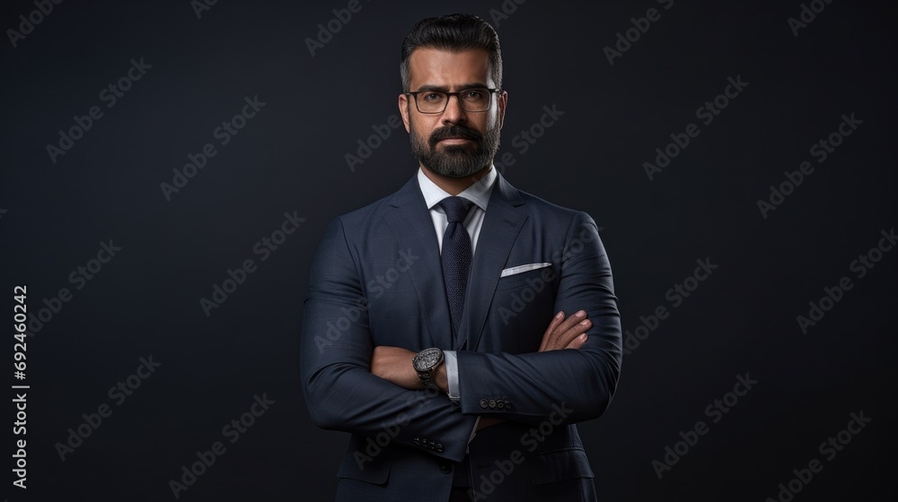 Proud confident bearded indian business man investor, rich ethnic ceo, corporate executive, professional lawyer banker, male office employee standing isolated on gray with arms crossed. Portrait Proud confident bearded indian business man investor, rich ethnic ceo, corporate executive, professional lawyer banker, male office employee standing isolated on gray with arms crossed. Portrait