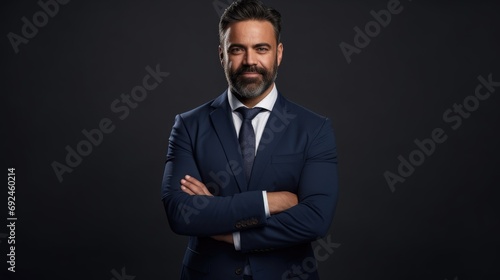 Proud confident bearded indian business man investor, rich ethnic ceo, corporate executive, professional lawyer banker, male office employee standing isolated on gray with arms crossed. Portrait