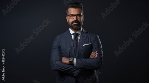 Proud confident bearded indian business man investor, rich ethnic ceo, corporate executive, professional lawyer banker, male office employee standing isolated on gray with arms crossed. Portrait © Usman