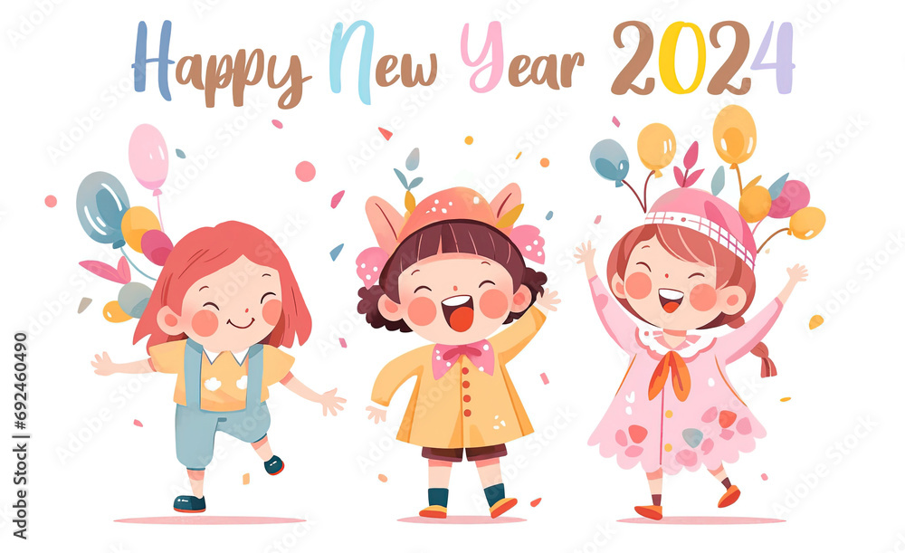 three girls party celebrate new year with word Happy New Year 2024 isolated white background, Generative Ai three girls party celebrate new year with word Happy New Year 2024 isolated white background, Generative Ai