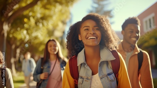 Smiling happy cute African teen girl student holding cellphone looking away with smartphone technology device in hand walking in college park outside using apps on mobile phone, authentic shot photo