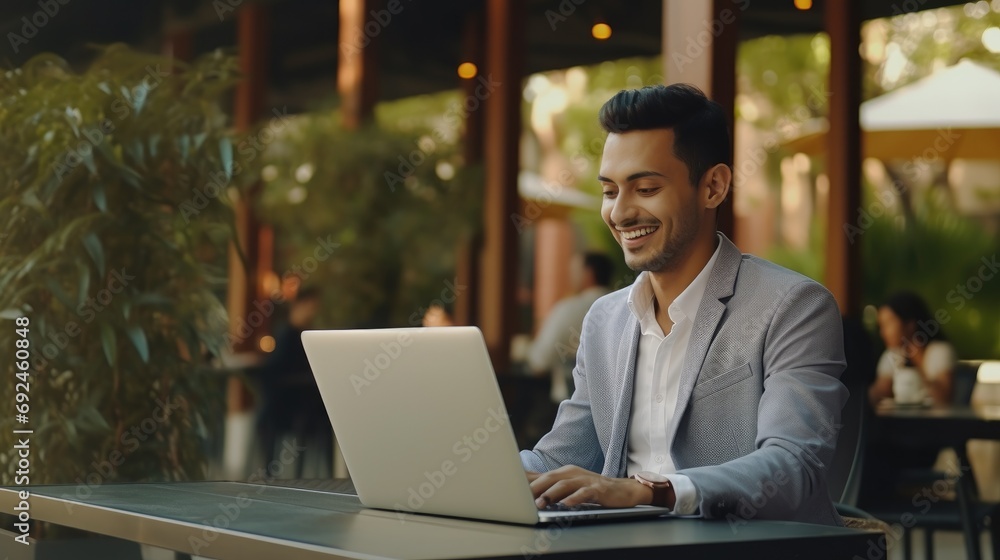 Smiling young Latin business man using laptop sitting outdoor. Happy guy student or professional looking away in city cafe elearning, hybrid working, searching job online thinking of digital solution Smiling young Latin business man using laptop sitting outdoor. Happy guy student or professional looking away in city cafe elearning, hybrid working, searching job online thinking of digital solution
