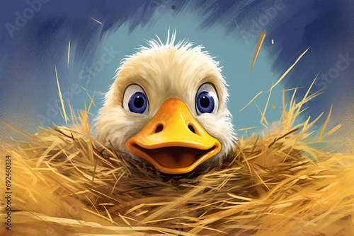 cartoon illustration of a duck in a grass nest
