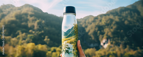 Reusable thermos in hand against forest mountains. thermo water bottle in hiking time. photo