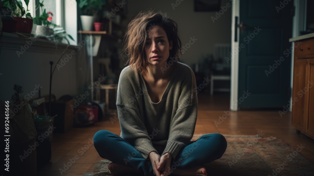 Woman sits on the floor at home, her posture reflecting a sense of sadness and melancholy, contemplating her emotions and seeking comfort to navigate through the challenges Woman sits on the floor at home, her posture reflecting a sense of sadness and melancholy, contemplating her emotions and seeking comfort to navigate through the challenges