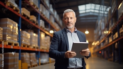 Warehouse accounting and bookkeeping. A middle aged man stands in a warehouse with a tablet computer and checks the statements for the presence of goods