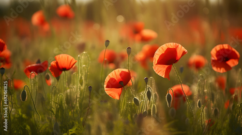 Red poppy meadow sunny weather photography 