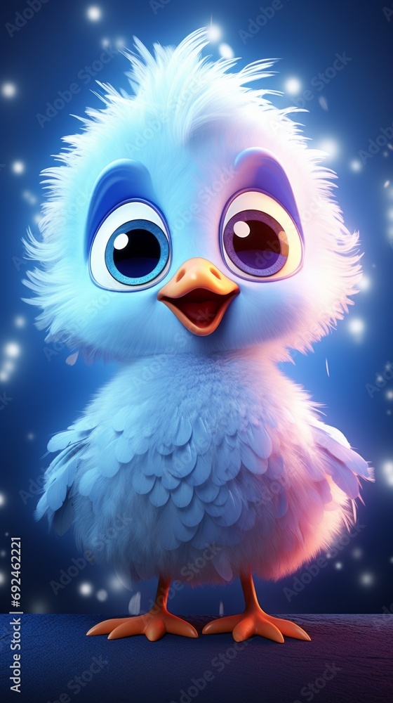 adorable happy cute feathery chicken with big blue eyes
