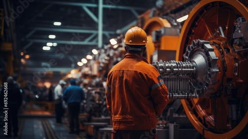 A male workers checking quality of mechanisms at a large machine building enterprise. Mechanical engineering, as one of the most important components of independence of the country's economy