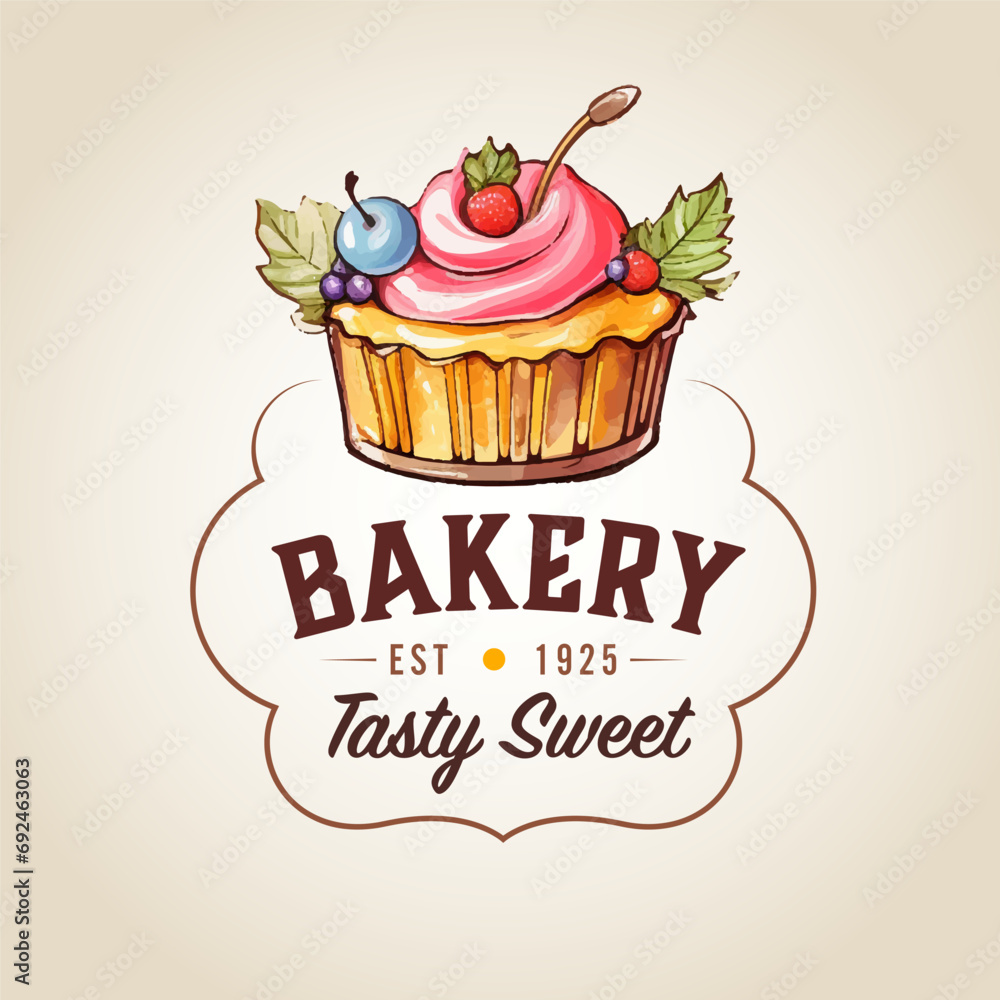 Sweet Bakery logo. Cakes emblem. Bakery and cafe logo watercolor. Generative AI Sweet Bakery logo. Cakes emblem. Bakery and cafe logo watercolor. Generative AI