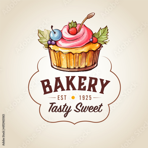 Sweet Bakery logo. Cakes emblem. Bakery and cafe logo watercolor. Generative AI