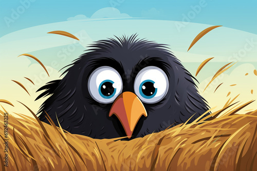 cartoon illustration of a crow in a grass nest