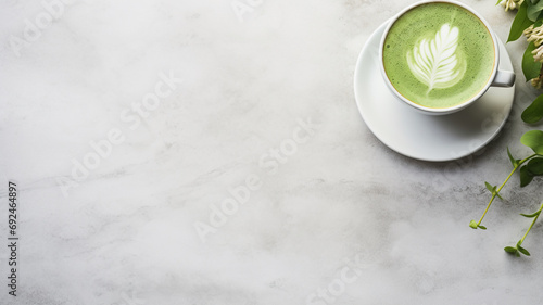 Elegant flatlay of matcha tea in a white cup, a green macaron, white flowers, and leaves on a marble background, ideal for a serene tea time setting.