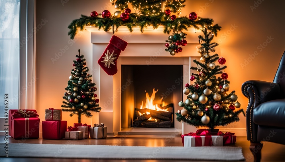 Christmas Tree with Decorations Near a Fireplace with Lights Christmas Tree with Decorations Near a Fireplace with Lights