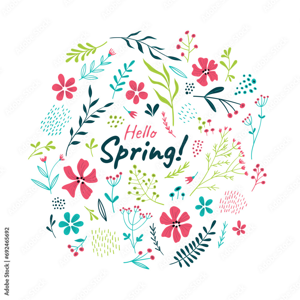 A set of vector flowers and twigs, multicolored on a white background for fabric, cover, wallpaper.