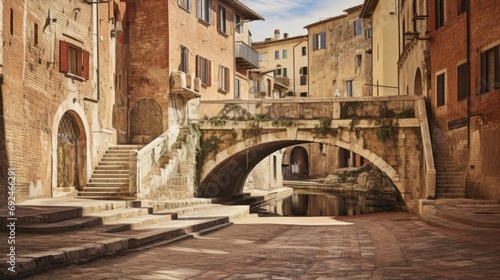 Exploring Perugia's Charm: A Stroll Down Via dell'Acquedotto's Pedestrian Bridge and Historical Alleyways of Umbria's Old Architectural Arch and Aqueduct © AIGen