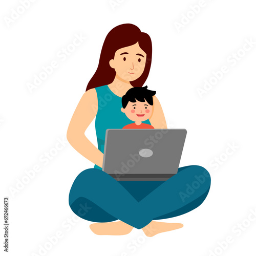 Busy mom carry her baby while working with laptop computer. Single mom taking care of her son alone. Single parent family.