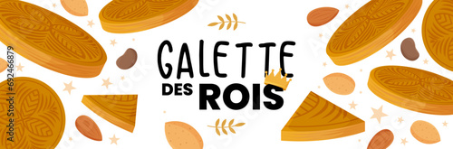 Joyeuse Épiphanie - Bannière festive pour le jour de la galette des Rois - Illustration vectorielle éditable présentant des galettes des Rois, fèves, amandes et couronnes - Design joyeux - Fête