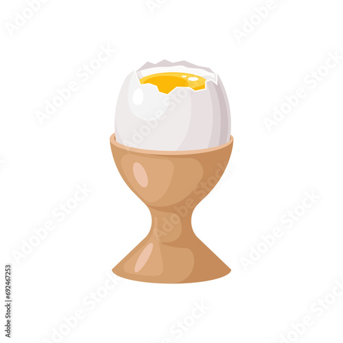 Boiled egg with liquid yolk on a stand. A soft-boiled chicken egg. A healthy breakfast dish. Cartoon flat vector illustration isolated on a white background