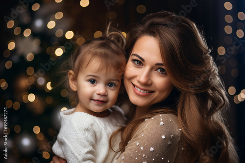 Generative AI happy child with mother preparing for christmas night together