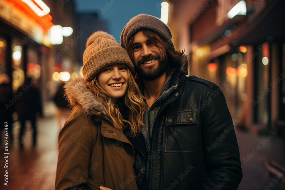 AI generated portrait of couple traveling in megapolis autumn day AI generated portrait of couple traveling in megapolis autumn day