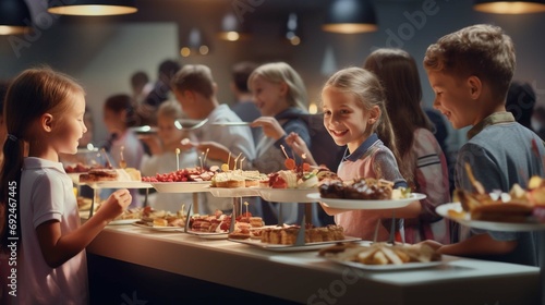 Elementary students at buffet line  enjoying variety of food options