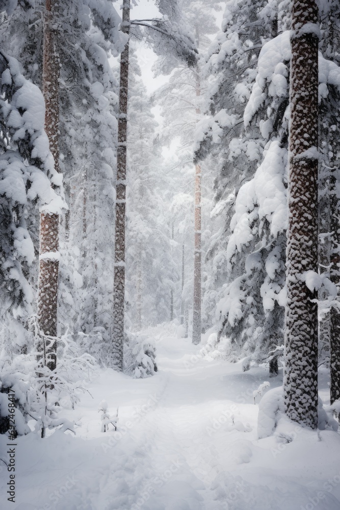 Fototapeta premium Tall pine trees stand covered in snow, with the early morning light casting a soft glow over the tranquil forest landscape