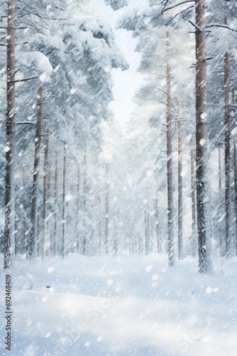 Tall pine trees stand covered in snow, with the early morning light casting a soft glow over the tranquil forest landscape